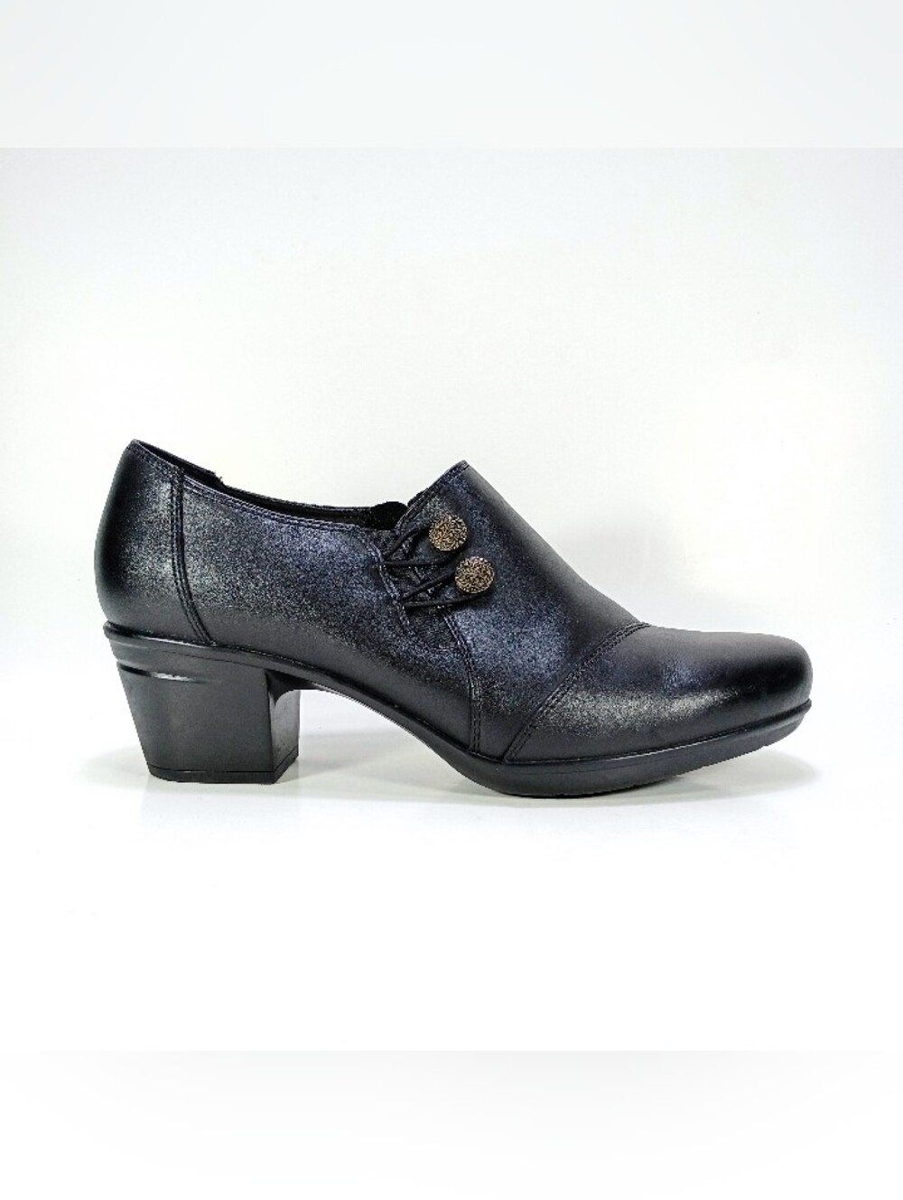 Clarks Emslie Warren Womens 9 Wide Fit Black Leather Side Zip Block Heel Shoe